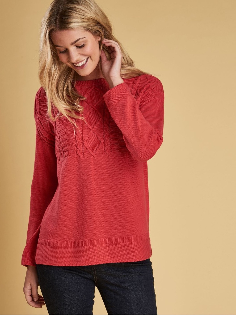 Barbour Red Cable-Front Crewneck Sweater 100% Cotton size 10 EUC